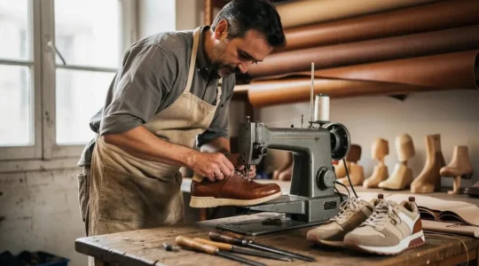 Un artisan cordonnier assemble une basket en cuir à la machine à coudre dans un atelier de fabrication français.