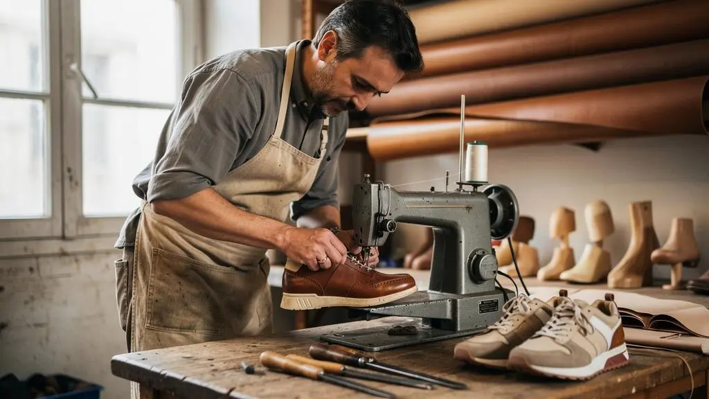 Un artisan cordonnier assemble une basket en cuir à la machine à coudre dans un atelier de fabrication français.
