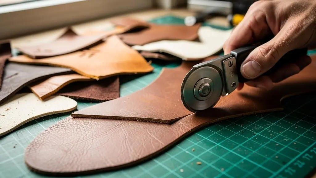 Des chutes de cuir de différentes couleurs sont découpées sur une table d'atelier pour fabriquer une basket upcyclée.