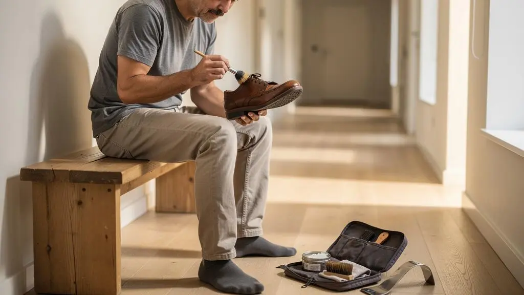 Une personne applique du cirage avec une brosse sur une basket en cuir marron, assise sur un banc dans un couloir.